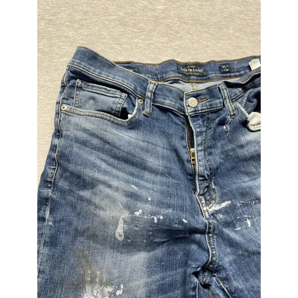 Lucky Brand Jeans Men 34x34 Blue Splatter Paint Denim Athletic Slit Straight Leg